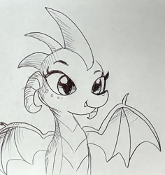 Size: 858x908 | Tagged: safe, artist:tjpones, imported from derpibooru, princess ember, dragon, bust, female, grayscale, inktober, monochrome, solo, traditional art