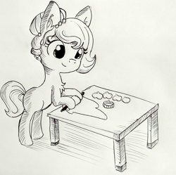 Size: 1440x1437 | Tagged: safe, artist:tjpones, imported from derpibooru, oc, oc only, oc:brownie bun, earth pony, pony, horse wife, baking, bipedal, bipedal leaning, chest fluff, cookie, cookie cutter, cookie dough, ear fluff, female, food, grayscale, inktober, leaning, monochrome, rolling pin, solo, this will end in fire, traditional art