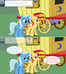 Size: 1280x1444 | Tagged: safe, artist:hakunohamikage, imported from derpibooru, sunset shimmer, trixie, pony, unicorn, ask-princesssparkle, ask, comic, trixie's wagon, tumblr