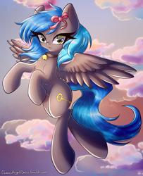 Size: 2000x2459 | Tagged: safe, artist:chaosangeldesu, imported from derpibooru, oc, oc only, oc:key turner, pegasus, pony, collar, femboy, flying, male, solo, spread wings, stallion, wings, ych result