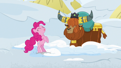 Size: 1280x720 | Tagged: safe, imported from derpibooru, screencap, pinkie pie, prince rutherford, pony, yak, not asking for trouble, bipedal, eyes closed, licking, licking lips, rearing, snow, tongue out