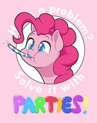 Size: 785x1000 | Tagged: safe, artist:dstears, imported from derpibooru, part of a set, pinkie pie, earth pony, pony, balloon, caption, captions, colored pupils, cute, diapinkes, female, mare, party horn, pink background, positive ponies, simple background, solo