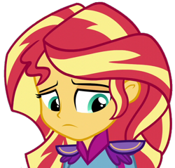 Size: 738x706 | Tagged: safe, imported from derpibooru, sunset shimmer, equestria girls, friendship games, female, motocross outfit, motorcross outfit, sad, simple background, solo, transparent background