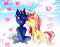 Size: 792x618 | Tagged: source needed, useless source url, safe, artist:aomisenpai, imported from derpibooru, oc, oc only, oc:cherry coffe, oc:shabaco, unicorn, chibi, couple, cute, heart, kissing, love, sharry, ych result