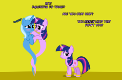 Size: 1050x694 | Tagged: safe, artist:navitaserussirus, imported from derpibooru, trixie, twilight sparkle, genie, pony, ask genie twilight, asktwixiegenies, blush sticker, blushing, cropped, female, geniefied, horn jewelry, jewelry, lesbian, shipping, simple background, species swap, squee, twixie, twolight, yellow background