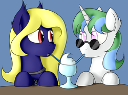 Size: 5000x3730 | Tagged: safe, artist:renderpoint, imported from derpibooru, oc, oc only, oc:butter cream, oc:crescent, bat pony, unicorn, bat pony oc, best friends, blind, commission, cross, fangs, female, glasses, jewelry, looking at each other, mare, milkshake, pendant, sharing a drink, sipping, straw