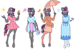 Size: 2352x1544 | Tagged: safe, artist:breeoche, imported from derpibooru, oc, oc only, oc:solarsteinn, anthro, unguligrade anthro, autumn, barehoof, clothes, collar, dress, female, fortune teller, gray coat, scarf, seasons, spring, standing, summer, tail, umbrella, winter