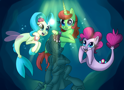 Size: 5386x3890 | Tagged: safe, artist:lamentedmusings, imported from derpibooru, pinkie pie, princess skystar, pony, seapony (g4), my little pony: the movie, ariel, disney, ocean, ponified, seaponified, seapony pinkie pie, species swap, that pony sure does love being a seapony, the little mermaid, underwater