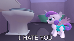 Size: 1920x1080 | Tagged: safe, artist:northern haste, imported from derpibooru, princess flurry heart, pony, 3d, angry, baby, baby pony, bathtub, diaper, female, foal, potty, solo, source filmmaker, toilet