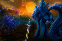 Size: 3000x2000 | Tagged: safe, artist:1deathpony1, imported from derpibooru, princess luna, alicorn, pony, butt, confrontation, female, inner demons, mare, moonbutt, nightmare luna, plot, sword, weapon
