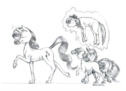 Size: 1400x1013 | Tagged: safe, artist:baron engel, imported from derpibooru, apple bloom, rarity, scootaloo, sweetie belle, earth pony, pegasus, pony, unicorn, cutie mark crusaders, female, filly, glowing horn, grayscale, levitation, magic, mare, monochrome, pencil drawing, simple background, sketch, story included, telekinesis, traditional art, white background