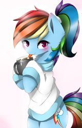 Size: 1024x1600 | Tagged: safe, imported from derpibooru, rainbow dash, chocolate, clothes, cute, dashabetes, food, hot chocolate, licking, sweater, tied up, tongue out