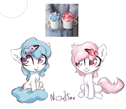 Size: 997x862 | Tagged: safe, artist:inowiseei, imported from derpibooru, oc, oc only, earth pony, pony, blueberry, chest fluff, chibi, cute, duo, female, floppy ears, food, ice cream, mare, ocbetes, ponified, simple background, sitting, smiling, strawberry, tongue out, white background