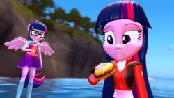 Size: 1920x1080 | Tagged: safe, artist:fivefreddy, imported from derpibooru, sci-twi, twilight sparkle, equestria girls, 3d, belly button, burger, clothes, crossover, food, glasses, gmod, meat, midriff, ponied up, ponytail, scitwilicorn, skirt, socks, team fortress 2, twilight sniper, twolight