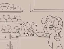 Size: 3731x2851 | Tagged: safe, artist:nudeknightart, imported from derpibooru, starlight glimmer, trixie, pony, unicorn, all bottled up, cup, duo, female, lineart, mare, teacup, that pony sure does love teacups