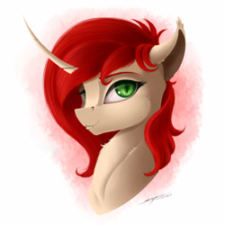 Size: 2500x2500 | Tagged: safe, artist:skitsniga, artist:skitsroom, imported from derpibooru, oc, oc only, oc:kira, pony, unicorn, curved horn, female, green eyes, looking at you, mare, slit eyes, slit pupils, smiling