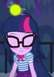 Size: 432x615 | Tagged: safe, imported from derpibooru, screencap, sci-twi, twilight sparkle, firefly (insect), equestria girls, equestria girls series, star crossed, blushing, clothes, cropped, eyes closed, female, geode of telekinesis, glasses, ponytail, skirt, solo