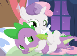 Size: 3528x2591 | Tagged: safe, artist:porygon2z, imported from derpibooru, spike, sweetie belle, dragon, cuddling, female, male, shipping, spikebelle, straight