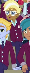 Size: 163x396 | Tagged: safe, imported from derpibooru, screencap, alizarin bubblegum, carlos thunderbolt, celery stalk, lemonade blues, trenderhoof, human, equestria girls, friendship games, background human, clothes, cropped, crystal prep academy uniform, male, pants, school uniform, smiling