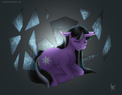 Size: 1600x1240 | Tagged: safe, artist:yarugreat, imported from derpibooru, twilight sparkle, pony, unicorn, alternate universe, black mane, commission, female, mare, meditation, memories, new cutie mark, psionics, solo