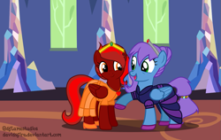 Size: 1089x690 | Tagged: safe, artist:davidsfire, imported from derpibooru, oc, oc only, oc:liquid harmony, oc:ruby, pegasus, pony, clothes, crown, dress, duo, female, happy, looking at each other, mare, regalia, request, twilight's castle