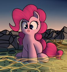 Size: 1050x1122 | Tagged: safe, artist:neuro, imported from derpibooru, pinkie pie, earth pony, pony, cute, diapinkes, female, mlem, sitting, solo, tongue out, water