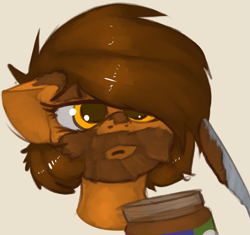 Size: 805x758 | Tagged: safe, artist:marsminer, imported from derpibooru, oc, oc only, oc:venus spring, pony, brown background, bust, butter knife, floppy ears, food, lidded eyes, looking at you, peanut butter, portrait, simple background, solo, unamused, venus is not amused