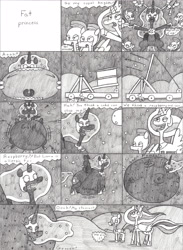 Size: 3181x4338 | Tagged: safe, artist:eternaljonathan, imported from derpibooru, nightmare moon, princess celestia, alicorn, pegasus, pony, unicorn, allergic, allergic reaction, allergies, belly, big belly, black and white, cake, catapult, comedy, comic, expansion, food, force feeding, grayscale, inflation, monochrome, raspberry, royal guard, spots, stuffed, stuffing, traditional art