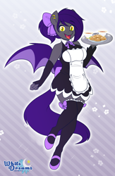 Size: 2856x4377 | Tagged: safe, artist:xwhitedreamsx, imported from derpibooru, oc, oc only, anthro, bat pony, unguligrade anthro, anthro oc, bat pony oc, bow, clothes, cookie, cup, ear piercing, female, food, gloves, looking at you, maid, mare, open mouth, piercing, slit eyes, slit pupils, smiling, solo, stockings, strapless, tea, thigh highs, tray, wings