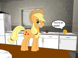 Size: 1152x864 | Tagged: safe, artist:yrt9401, imported from derpibooru, applejack, annoying orange, apple, food