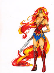 Size: 1887x2547 | Tagged: safe, artist:divinekitten, imported from derpibooru, sunset shimmer, human, breasts, cleavage, clothes, cosplay, costume, female, horned humanization, humanized, one eye closed, simple background, solo, sword, tailed humanization, traditional art, weapon, white background, wonder woman