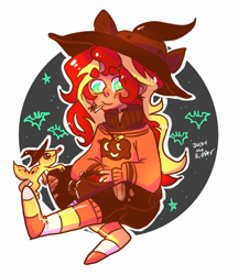 Size: 742x859 | Tagged: safe, artist:jackytheripperart, imported from derpibooru, ray, sunset shimmer, gecko, leopard gecko, eqg summertime shorts, pet project, candy, clothes, cosplay, costume, food, hat, looking at each other, smiling, socks, stockings, striped socks, thigh highs, witch hat