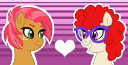 Size: 1024x526 | Tagged: safe, artist:cascayd, imported from derpibooru, babs seed, twist, earth pony, pony, babstwist, ear piercing, earring, female, filly, glasses, jewelry, lesbian, looking at each other, piercing, shipping