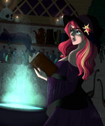 Size: 2056x2458 | Tagged: safe, artist:fairdahlia, imported from derpibooru, sunset shimmer, cat, human, book, breasts, candle, cauldron, halloween, hat, holiday, humanized, skull, smiling, witch, witch hat