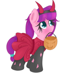 Size: 1200x1200 | Tagged: safe, artist:zlight, imported from derpibooru, lily longsocks, pony, clothes, costume, devil horns, female, filly, halloween, halloween costume, holiday, mouth hold, nightmare night, nightmare night costume, pumpkin bucket, simple background, solo, transparent background
