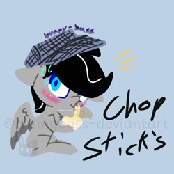 Size: 768x768 | Tagged: safe, artist:bunnybass, imported from derpibooru, oc, oc only, oc:chopsticks, pegasus, pony, blushing, bowl, chibi, chopsticks, clothes, cute, hat, solo, surprised, sweat