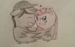 Size: 764x480 | Tagged: safe, artist:gblacksnow, imported from derpibooru, pinkie pie, oc, oc:chopsticks, pegasus, pony, blushing, canon x oc, clothes, cute, female, grin, hat, heart, hug, irritated, male, mare, pinkamena diane pie, shipping, smiling, stallion, traditional art, winghug