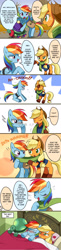 Size: 860x3540 | Tagged: safe, artist:ryuu, imported from derpibooru, applejack, rainbow dash, tank, earth pony, pegasus, pony, tortoise, appledash, bed, blushing, clothes, cold, cowboy hat, dialogue, eyes closed, female, freckles, hat, japanese reading order, lesbian, looking at each other, mare, one eye closed, open mouth, scarf, shared clothing, shared scarf, shipping, sick, smiling, sneezing, speech bubble, thermometer