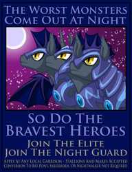 Size: 720x937 | Tagged: safe, artist:texasuberalles, imported from derpibooru, bat pony, bat pony unicorn, earth pony, hybrid, pegasus, pony, unicorn, wingless bat pony, armor, curved horn, helmet, male, moon, night guard, poster, recruitment poster, slit eyes, slit pupils, stallion, trio