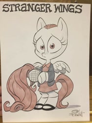 Size: 720x960 | Tagged: safe, artist:jay fosgitt, imported from derpibooru, fluttershy, bipedal, clothes, cosplay, costume, eggo, eleven, female, food, inktober, parody, pun, shaved head, solo, stranger things, stranger wings, traditional art, waffle, wig