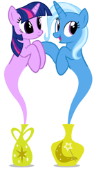 Size: 278x512 | Tagged: safe, artist:navitaserussirus, imported from derpibooru, trixie, twilight sparkle, genie, asktwixiegenies, cropped, female, geniefied, lesbian, shipping, simple background, species swap, twixie, white background