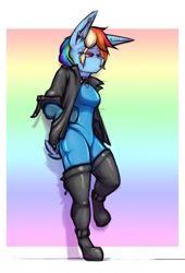 Size: 871x1280 | Tagged: safe, artist:krd, imported from derpibooru, rainbow dash, anthro, plantigrade anthro, rabbit, abstract background, bodysuit, bunnified, bunny ears, bunny girl, bunny tail, candy, clothes, ear piercing, food, jacket, latex, latex suit, leather jacket, lollipop, piercing, species swap