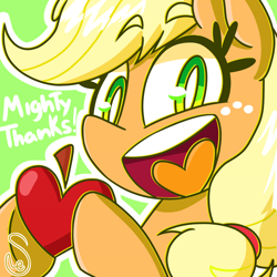 Size: 2000x2000 | Tagged: safe, artist:quarium, imported from derpibooru, applejack, earth pony, pony, apple, dialogue, female, food, freckles, green background, heart, heart tongue, hoof hold, looking at you, mare, open mouth, outline, simple background, solo