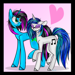 Size: 1000x1000 | Tagged: safe, artist:jayflowerfox, imported from derpibooru, dj pon-3, vinyl scratch, oc, oc:raxonxvi, pony, canon x oc, commission, couple, female, femboy, glasses, heart, male, shipping, straight