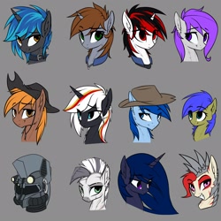 Size: 2160x2160 | Tagged: safe, artist:justafallingstar, artist:starfall-spark, imported from derpibooru, oc, oc only, oc:blackjack, oc:calamity, oc:homage, oc:lacunae, oc:littlepip, oc:morning glory (project horizons), oc:p-21, oc:rampage, oc:scotch tape, oc:steelhooves, oc:velvet remedy, oc:xenith, earth pony, pegasus, pony, unicorn, zebra, fallout equestria, fallout equestria: project horizons, armor, bust, clothes, fanfic, fanfic art, female, hat, jumpsuit, male, mare, portrait, power armor, simple background, stallion, vault suit, zebra oc