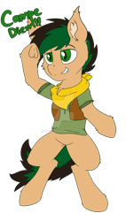 Size: 900x1584 | Tagged: safe, artist:php40, deleted from derpibooru, imported from derpibooru, oc, oc only, oc:melting, bat pony, bandana, bat pony oc, camp camp, campe diem, clothes, cosplay, costume, david, frog (hoof), handkerchief, neckerchief, salute, simple background, transparent background, underhoof