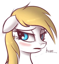 Size: 651x705 | Tagged: safe, artist:jeki, edit, imported from derpibooru, oc, oc only, oc:aryanne, earth pony, pony, blond, blushing, bust, dialogue, female, floppy ears, flustered, lidded eyes, looking at you, mare, open mouth, sad, simple background, solo, upper body, white background