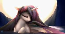 Size: 1686x900 | Tagged: dead source, safe, artist:noctilucent-arts, imported from derpibooru, princess celestia, alicorn, pony, eyes closed, female, fountain of youth, mare, raised hoof, solo, wet