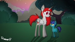 Size: 2400x1350 | Tagged: safe, artist:kiwipone, imported from derpibooru, oc, oc only, oc:brooke heart, oc:daylight dream, alicorn, unicorn, colt, cute, drawn by mouse, drawn with mouse, duo, female, looking at each other, male, mare, mother and son, motherly love, standing