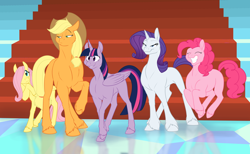 Size: 1138x700 | Tagged: safe, artist:foxenawolf, imported from derpibooru, applejack, fluttershy, pinkie pie, rarity, twilight sparkle, alicorn, earth pony, pegasus, pony, unicorn, fanfic:piercing the heavens, cowboy hat, diverse body types, eyes closed, fanfic art, female, hat, illustration, mare, missing cutie mark, stetson, twilight sparkle (alicorn), unshorn fetlocks